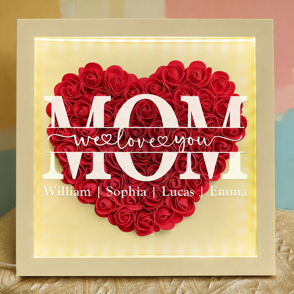 Custom Lighted Mom Flower Shadow Box - Personalized "We Love You Mom" LED Night Light with Children Names
