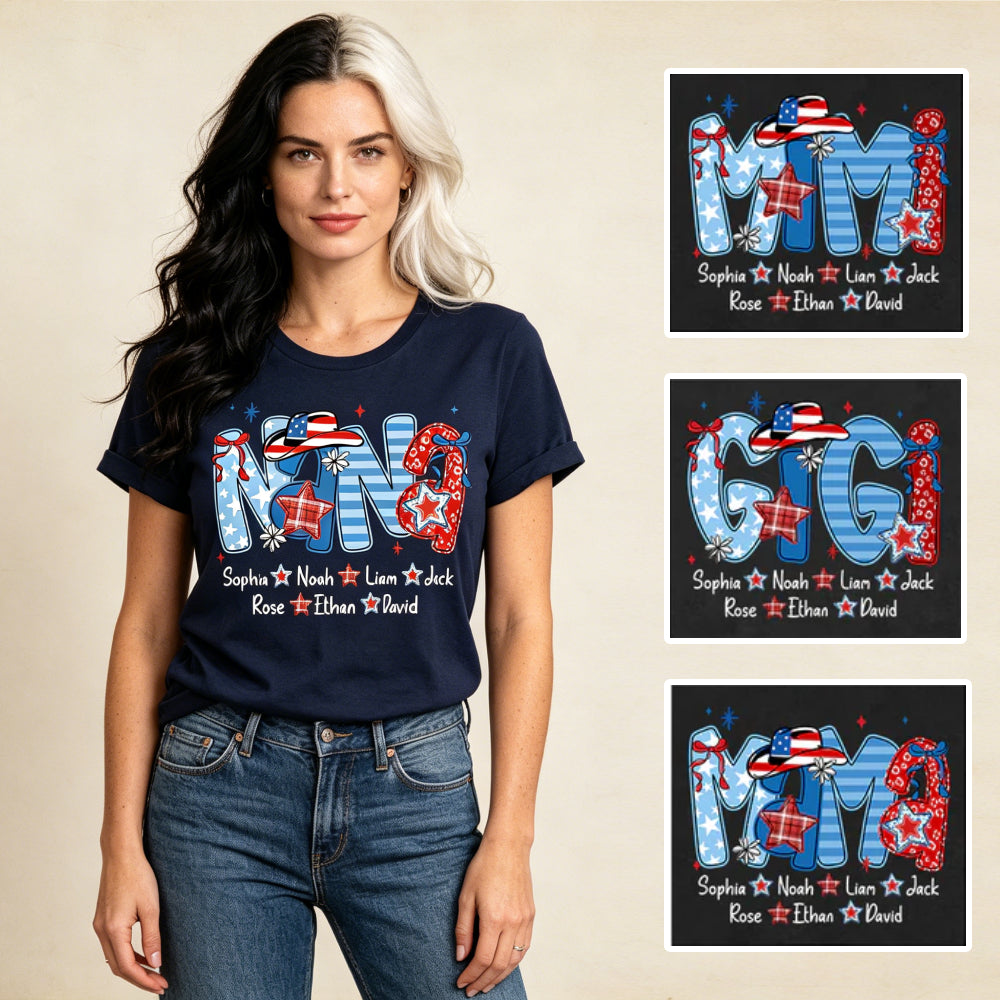 Custom Patriotic Nana 4th of July T-Shirt – USA Cowboy Hat Star Print Custom Grandkids Names Independence Day Grandma Tee