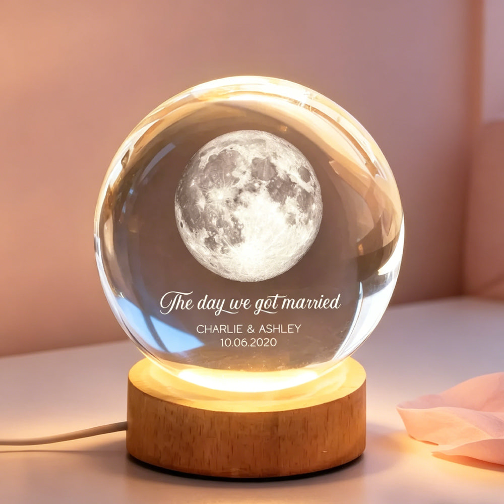 The Day We Got Married Custom Moon Crystal Ball LED Night Light – Personalized Couple Names & Wedding Date Lamp, Anniversary Gift