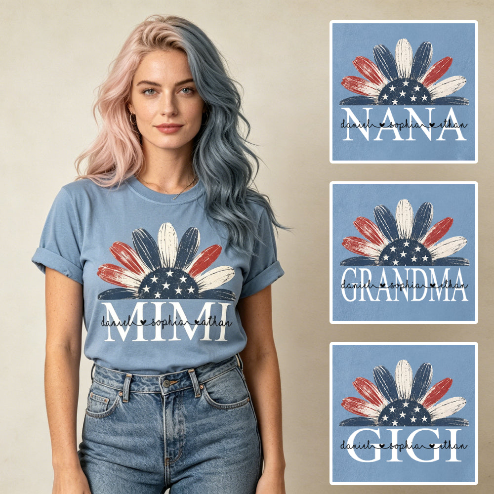 Custom Vintage American Flag Daisy Mimi T-Shirt – Personalized Grandkids Names Patriotic Grandma Tee, 4th of July Gift