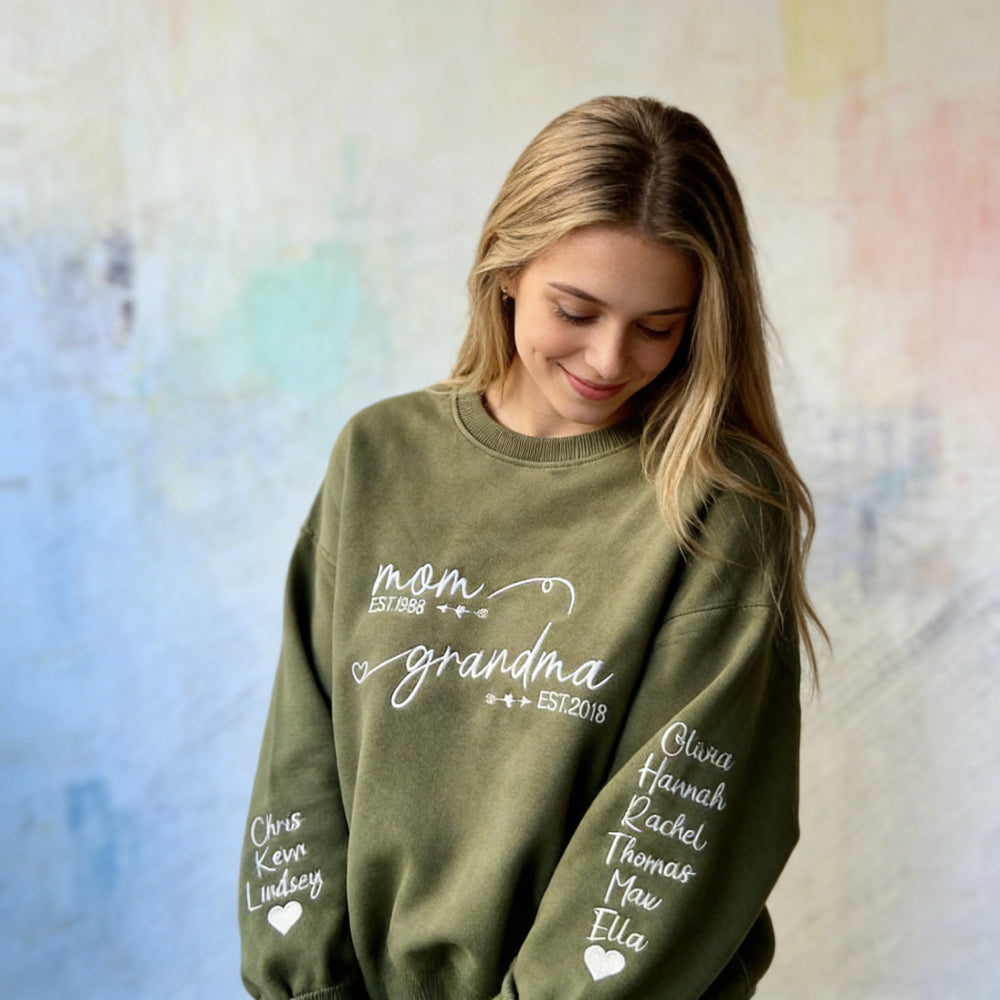 Custom EST Year Mom & Nana Embroidered Sweatshirt with Kids Names on Sleeve for Grandma