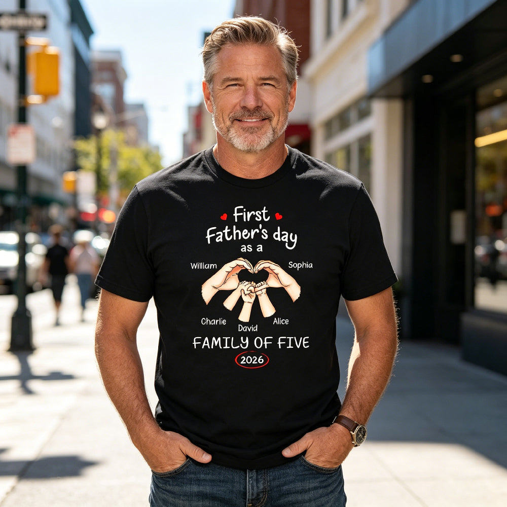 First Father’s Day As A Family Of Five Personalized T-Shirt – Custom Names & Year Handprint Family Tee, New Dad Gift