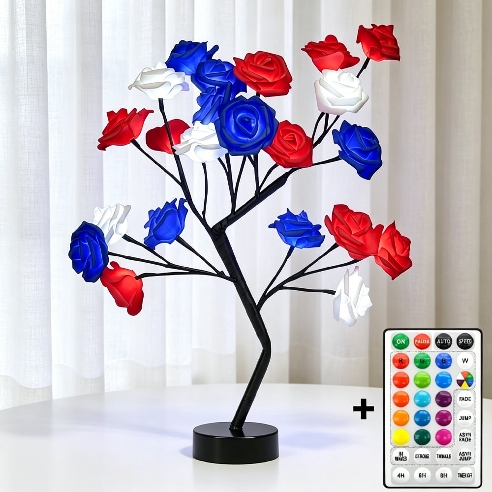 America’s 250th Limited Edition Red White Blue LED Rose Tree Lamp | Remote Controlled Patriotic USA Tabletop Rose Light, 4th of July Independence Day Home Decor