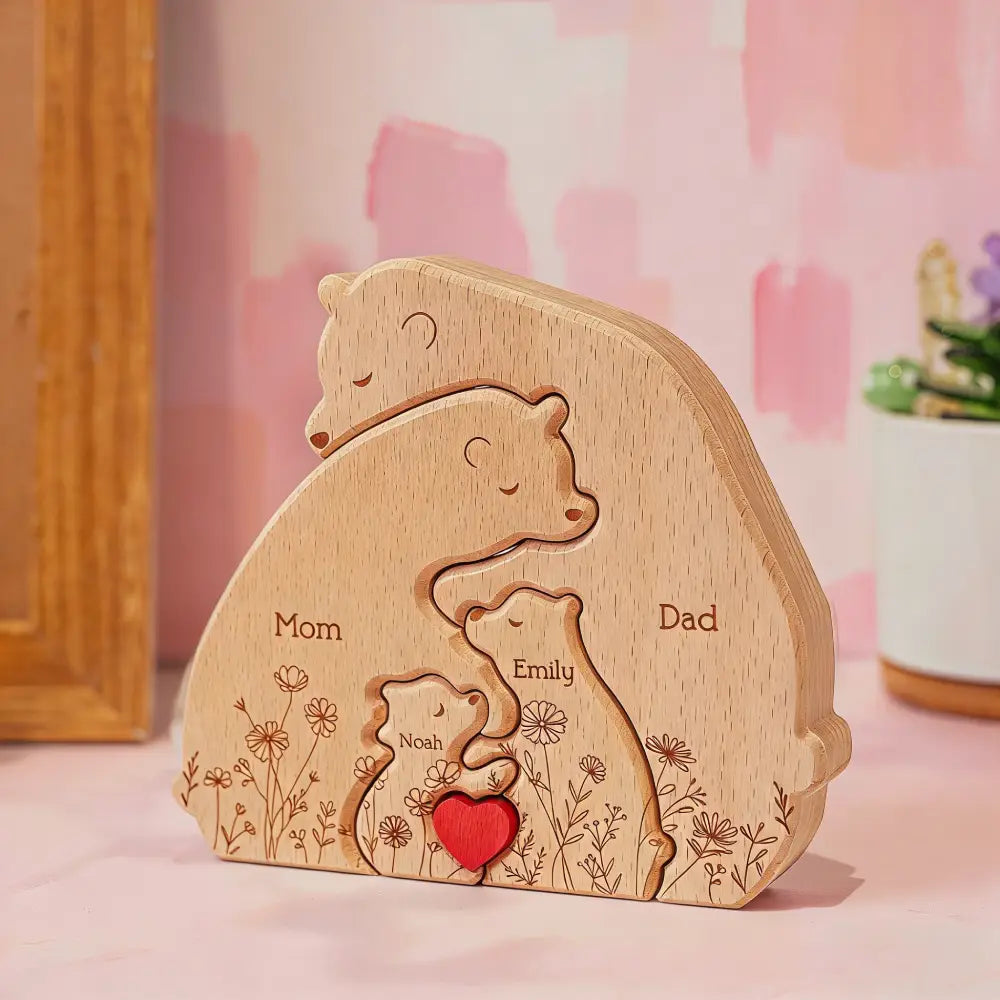 Hugging Bear Family Floral Version - Personalized Wooden Bear Family Puzzle, Gift For Mom