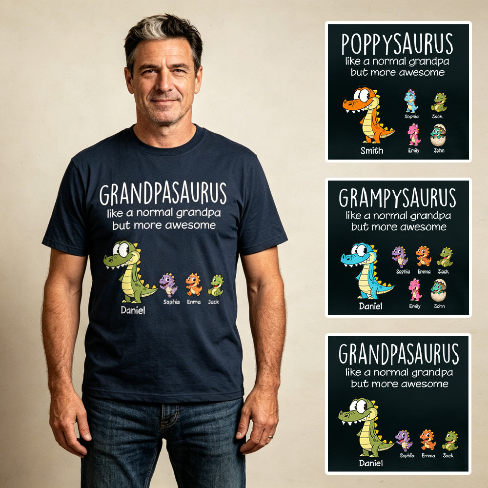 Personalized Grandpasaurus Dinosaur T-Shirt – Custom Grandkids Names Funny Grandpa Tee, Gift for Papa Poppy Gramps