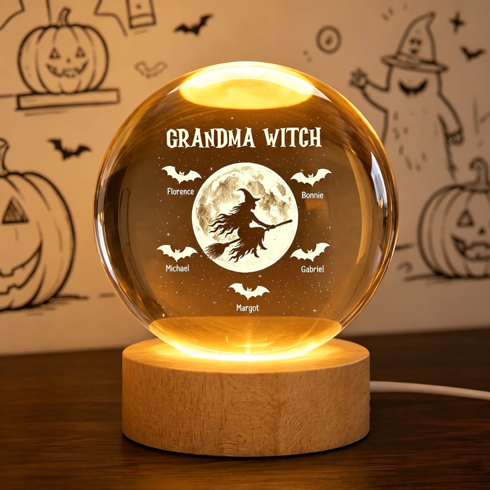 Grandma Witch Personalized Crystal Ball Night Light – Custom Kids‘ Names Halloween Gift, Spooky Keepsake for Grandma