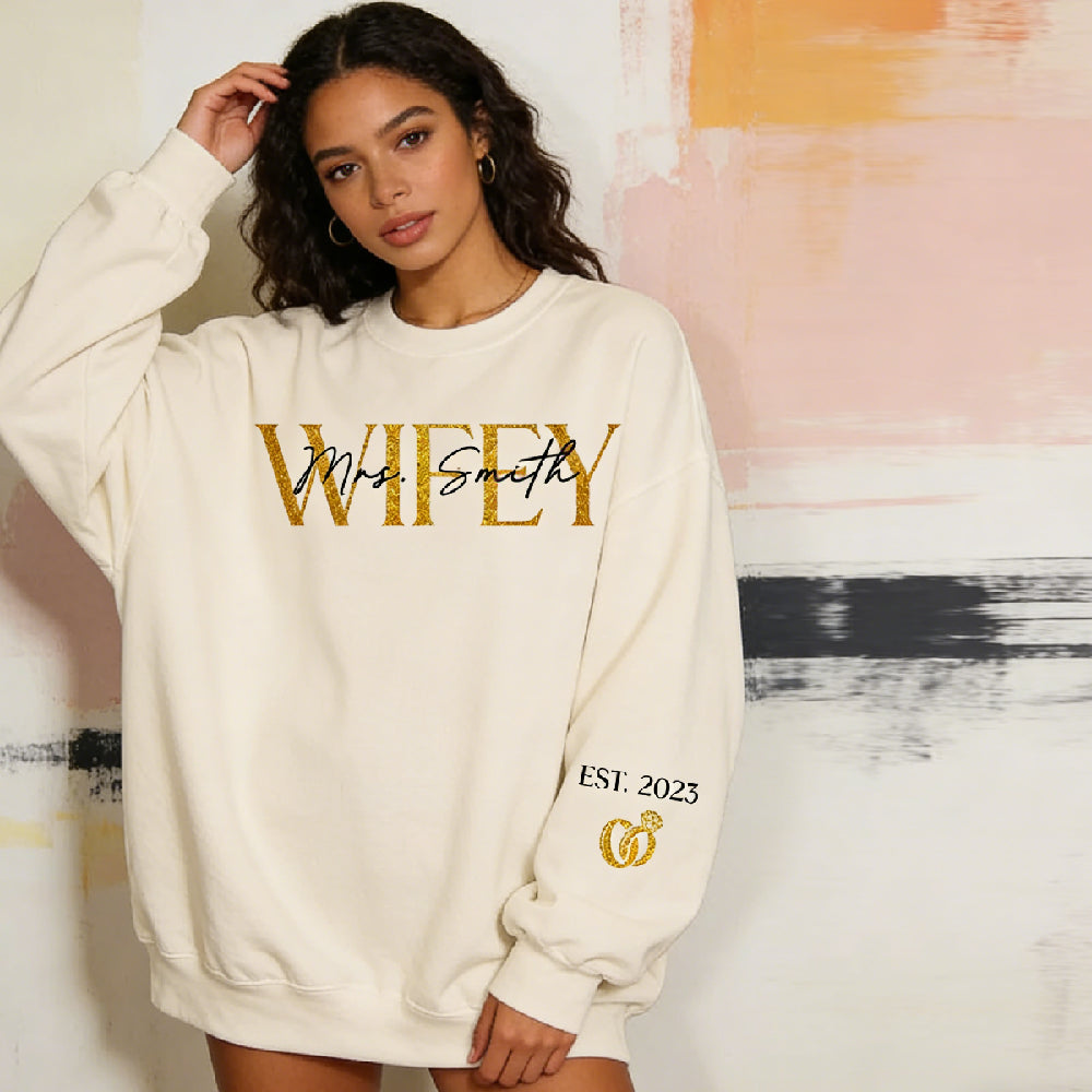 Personalized Wifey Mrs. Hoodie with EST Year & Ring - Custom Glitter Wedding Gift for Bride