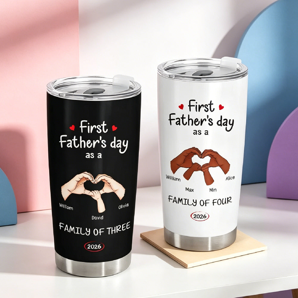 First Father’s Day As A Family Of Three/Four Personalized Tumbler – Custom Names & Year Insulated Stainless Steel Travel Mug, New Dad Gift