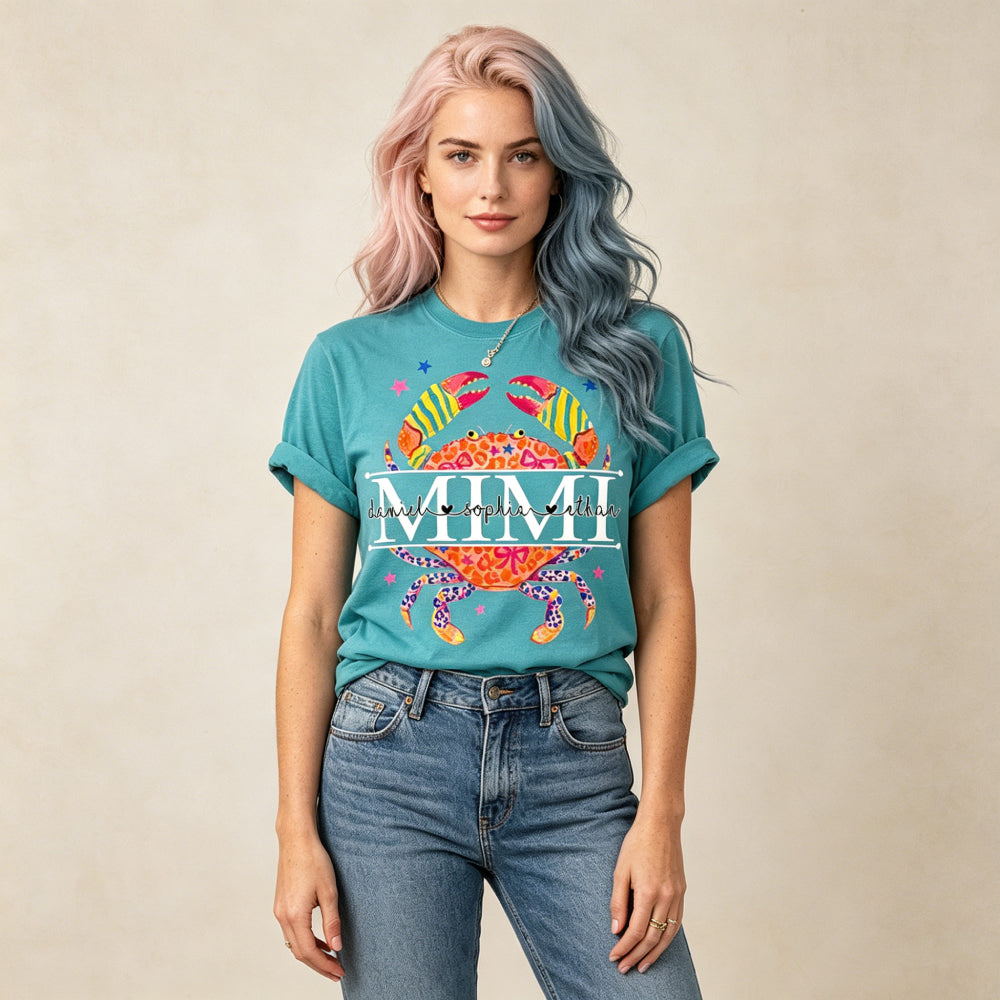 Personalized Preppy Leopard Crab Mimi T-Shirt | Custom Grandkids Names Summer Beach Grandma Tee, Vacation & Mother’s Day Gift for Grandma