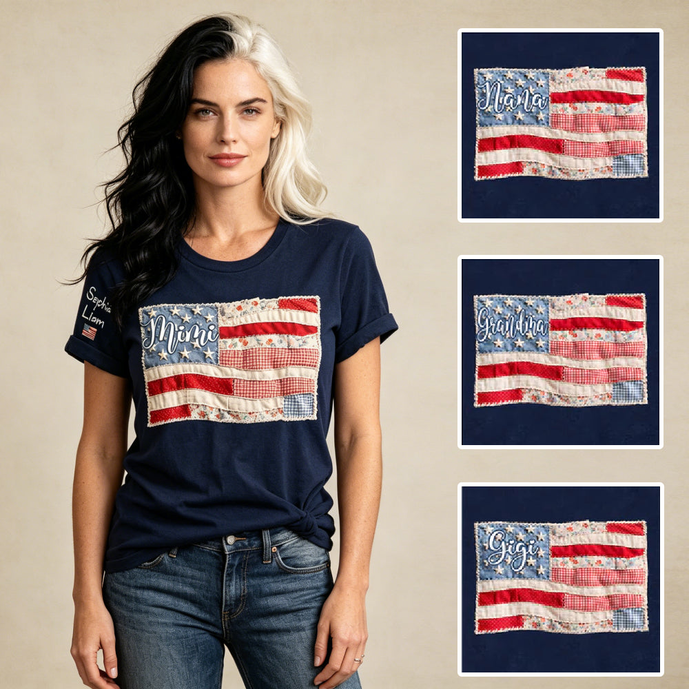 Custom Vintage Patchwork American Flag Mimi T-Shirt – Personalized Grandkids Names On Sleeve Patriotic Grandma Tee, 4th of July Gift