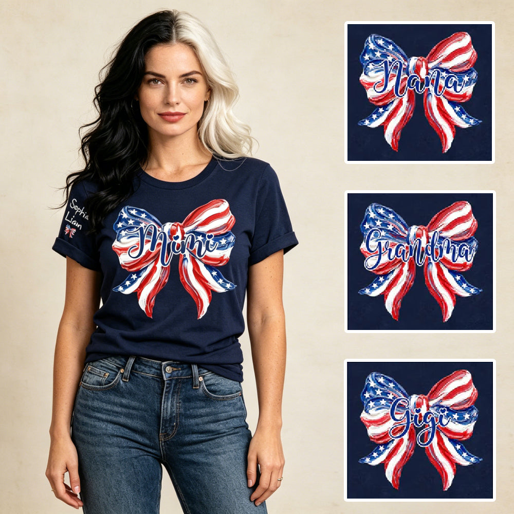 Personalized USA Patriotic Bow Mimi T-Shirt – Custom Grandkids Names On Sleeve 4th of July Grandma Tee, Independence Day Gift for Grandma