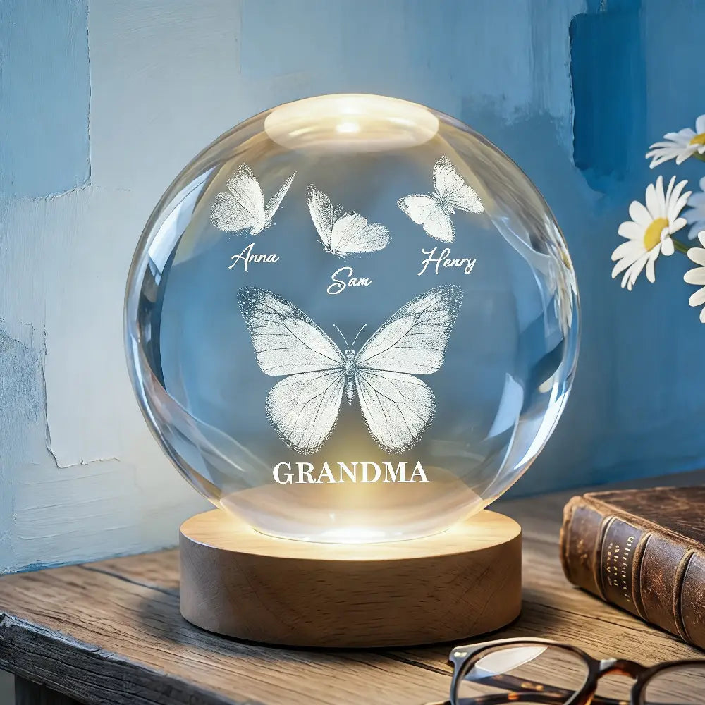 Beautiful Grandma Mom Butterflies Custom Kids Names - Personalized Crystal Ball LED Night Light - Gift For Grandma, Mom
