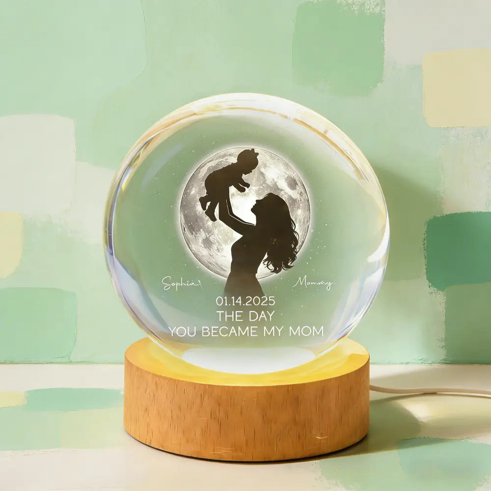 Mom Hugging Kid, The Day You Became My Mom Custom Moon Phase by Date - Personalized Crystal Ball LED Night Light - Mother's Day Gift for Mom