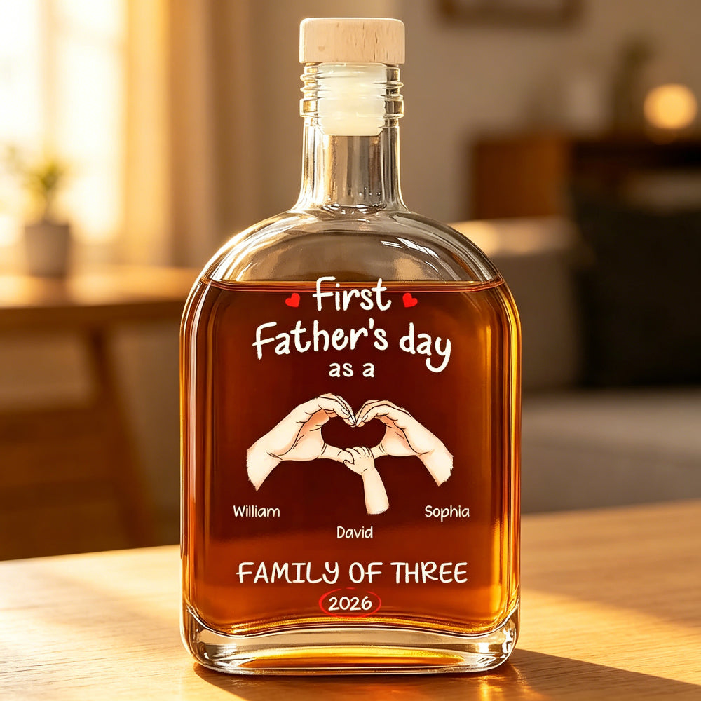 First Father’s Day As A Family Of Three Custom Engraved Whiskey Bottle – Personalized Names & Year Liquor Bottle, New Dad Gift