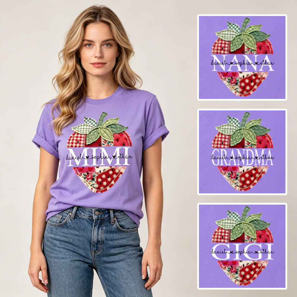 Personalized Patchwork Strawberry Mimi T-Shirt – Custom Grandkids Names Vintage Fruit Tee, Mother’s Day Gift for Grandma