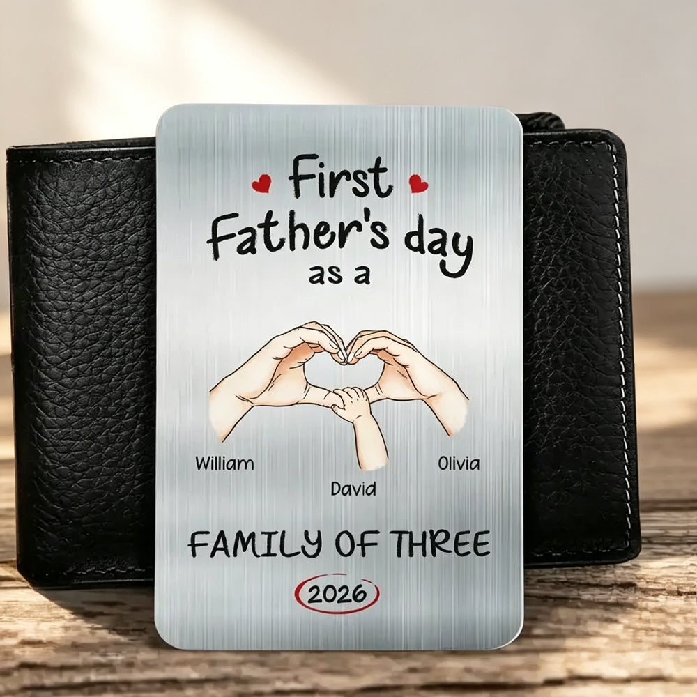 First Father’s Day As A Family Of Three Personalized Metal Wallet Insert Card – Custom Names & Year Engraved Keepsake, New Dad Gift