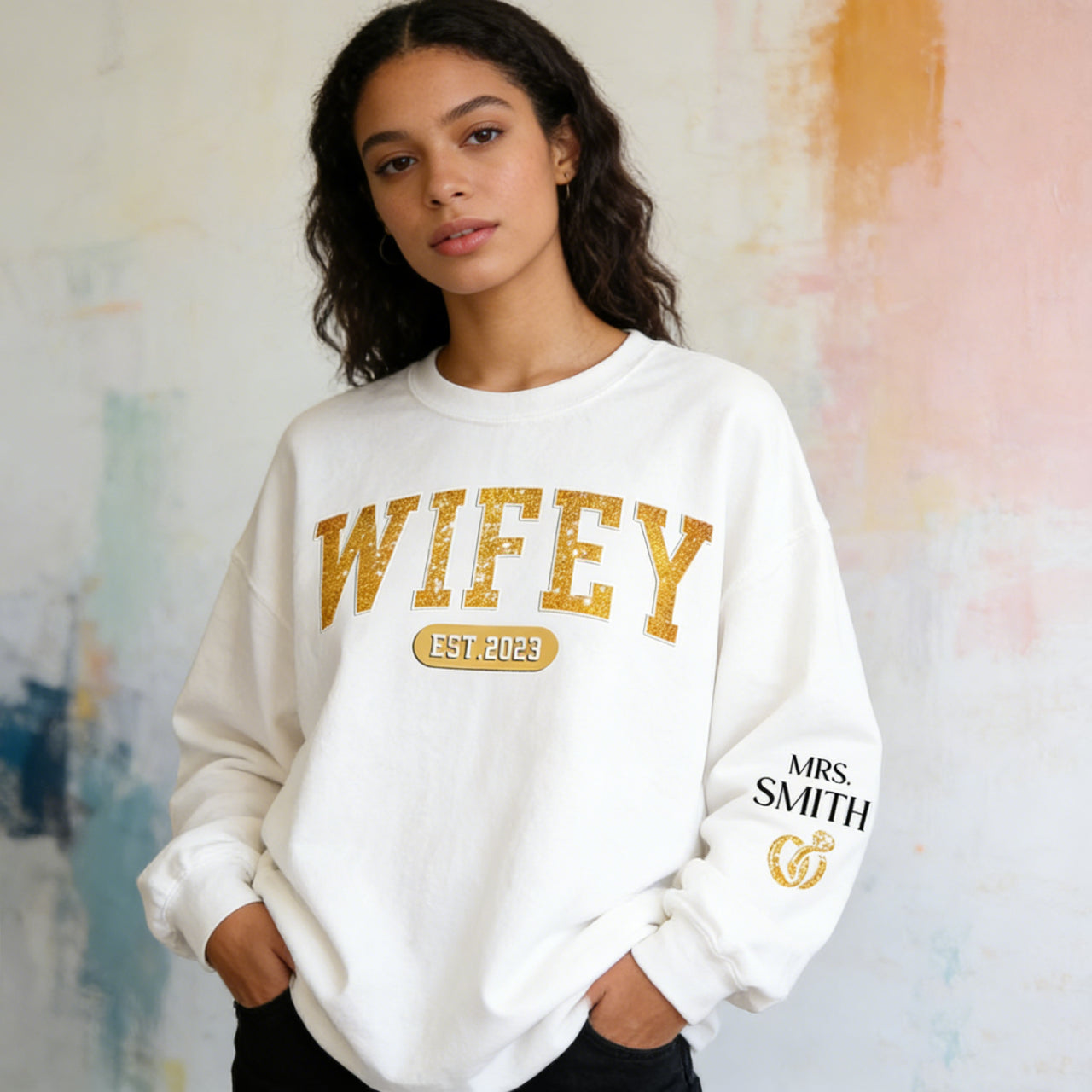 Personalized Wifey Varsity Glitter Sweatshirt with EST Year & Mrs. Name - Custom Gold Wedding Gift for Bride