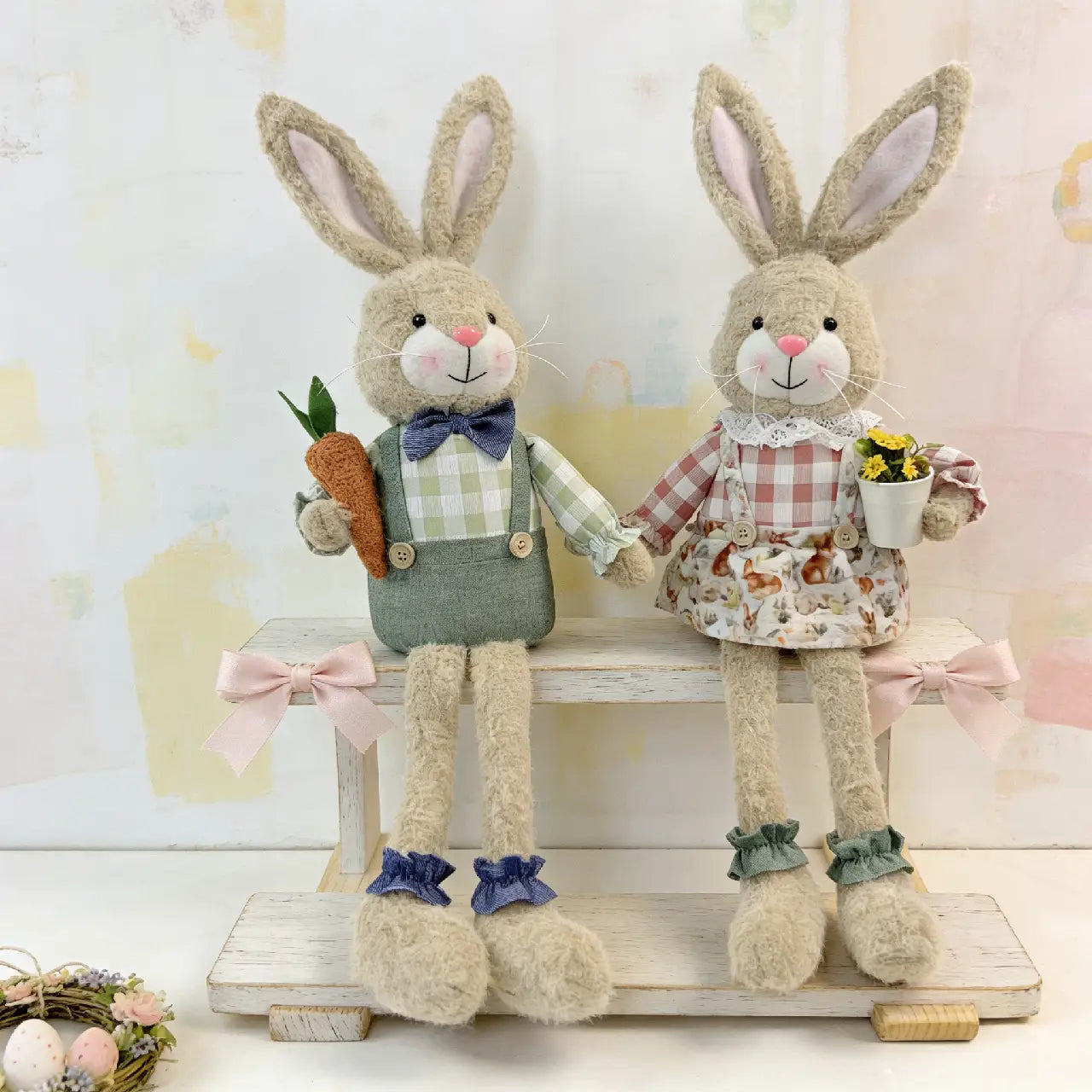 Dangling Leg Easter Bunny Couple Plush - Sitting Rabbit Figurines with Carrot & Flower Pot for Shelf Decor