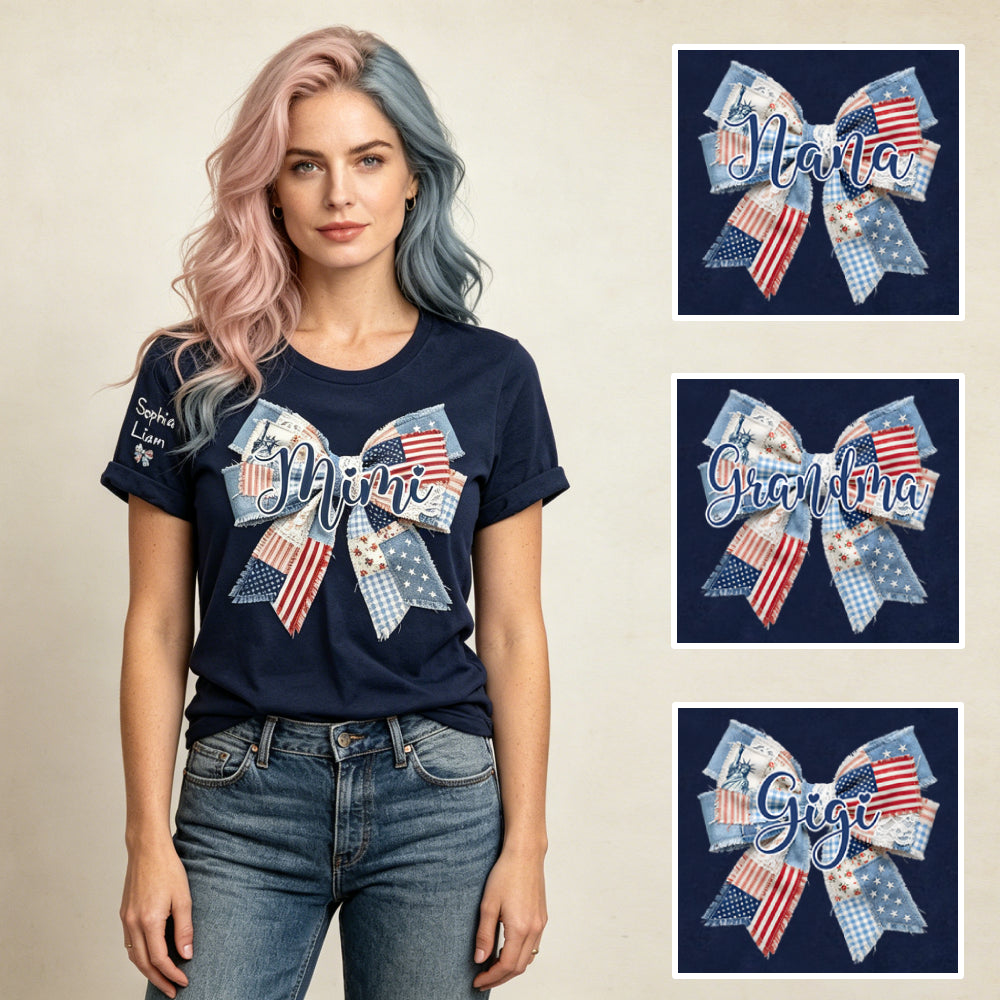 Personalized Vintage Patchwork Patriotic Bow Mimi T-Shirt | Custom Grandkids Names On Sleeve 4th of July Grandma Tee, Mother’s Day & Birthday Gift for Grandma