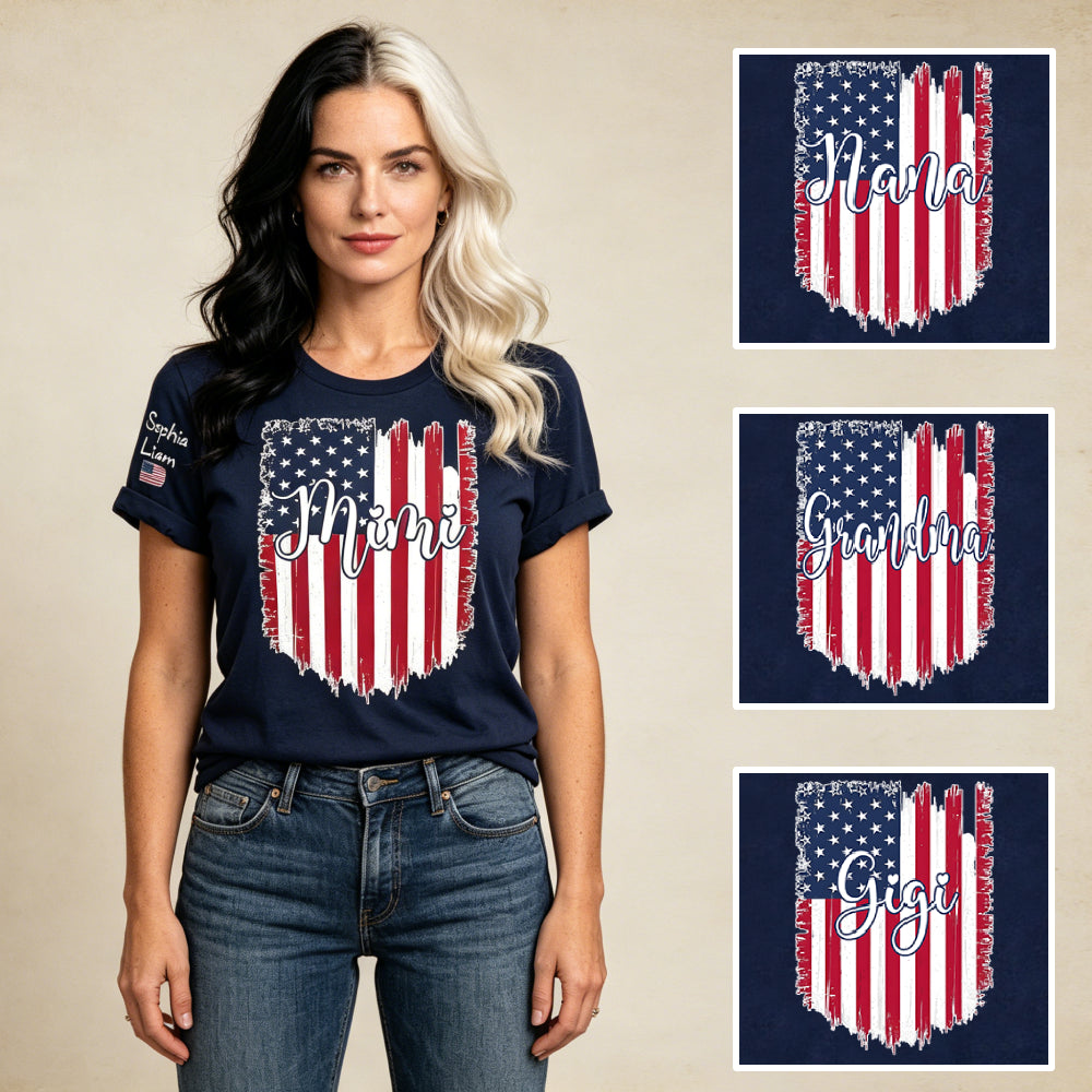 Personalized Distressed Brushstroke American Flag Mimi T-Shirt | Custom Grandkids Names On Sleeve Patriotic Grandma Tee, 4th of July Mother’s Day Gift for Grandma