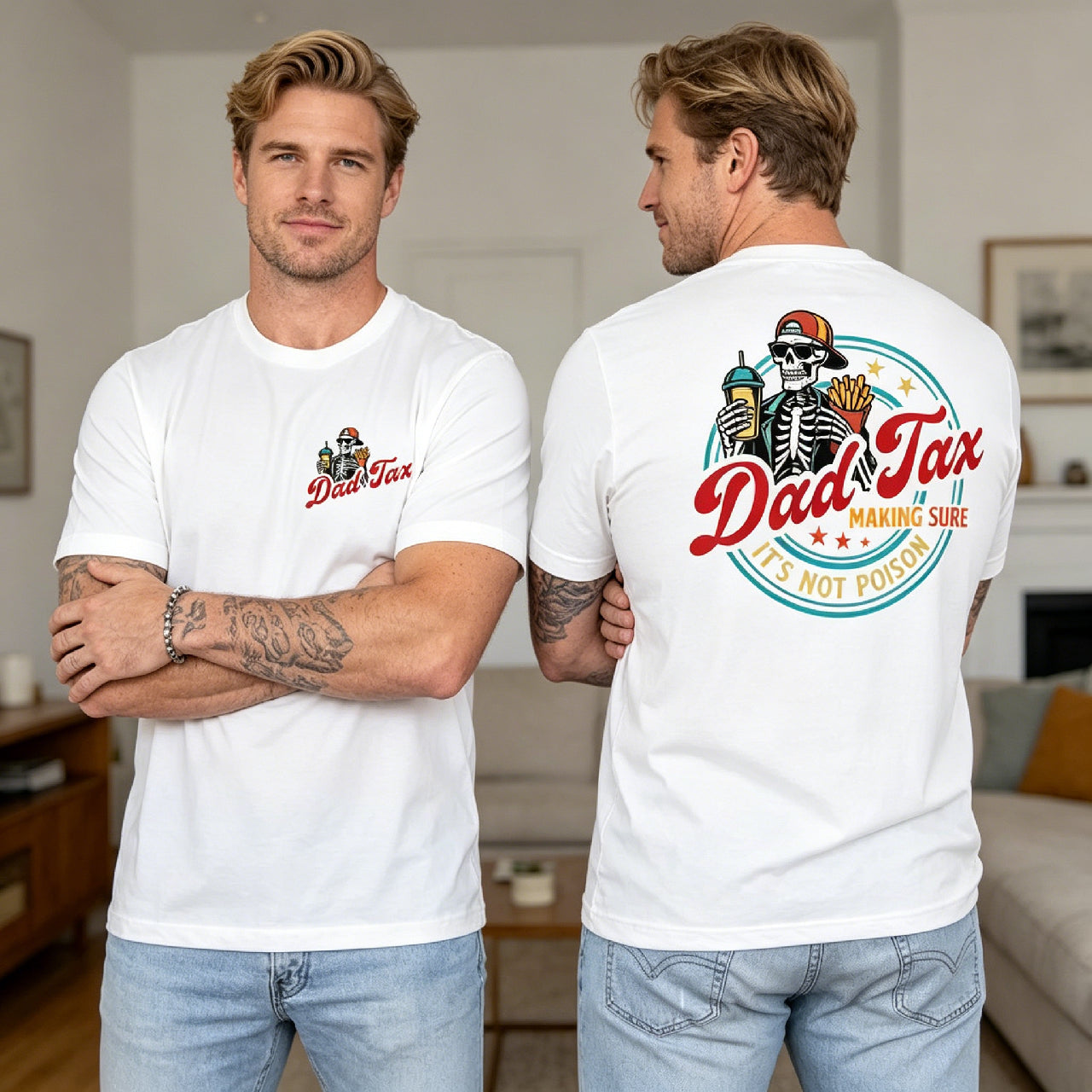 Funny "Dad Tax Making Sure It’s Not Poison" T-Shirt – Retro Skeleton Graphic Tee, Humorous Father’s Day Gift for Dad