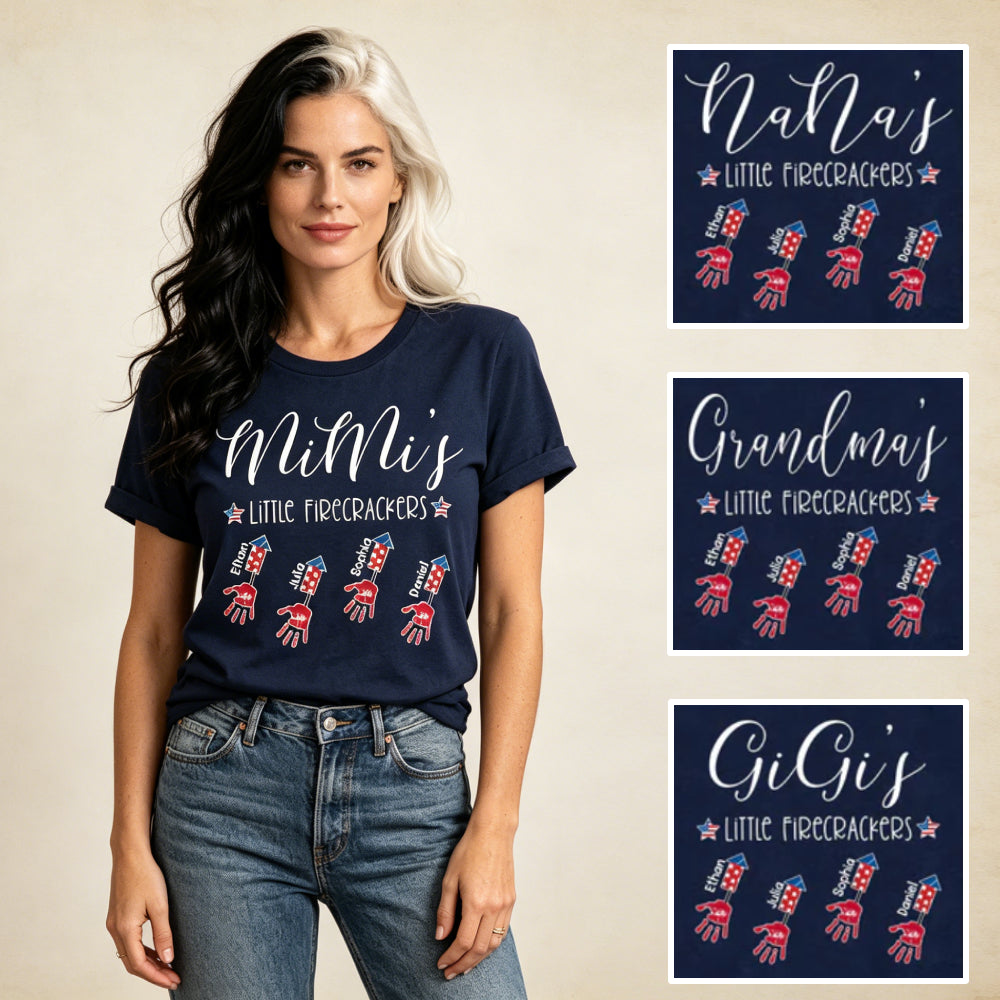 Personalized Mimi’s Little Firecrackers T-Shirt | Custom Grandkids Handprint Firecracker Patriotic Grandma Tee, 4th of July Mother’s Day Gift for Grandma