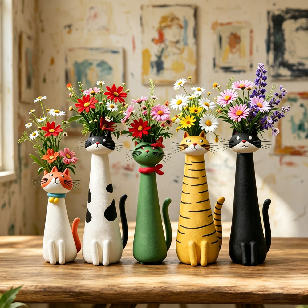 Handmade Quirky Cat-Shaped Resin Vase – Long Neck Kitten Planter, Whimsical Cottagecore Decor for Cat Lovers