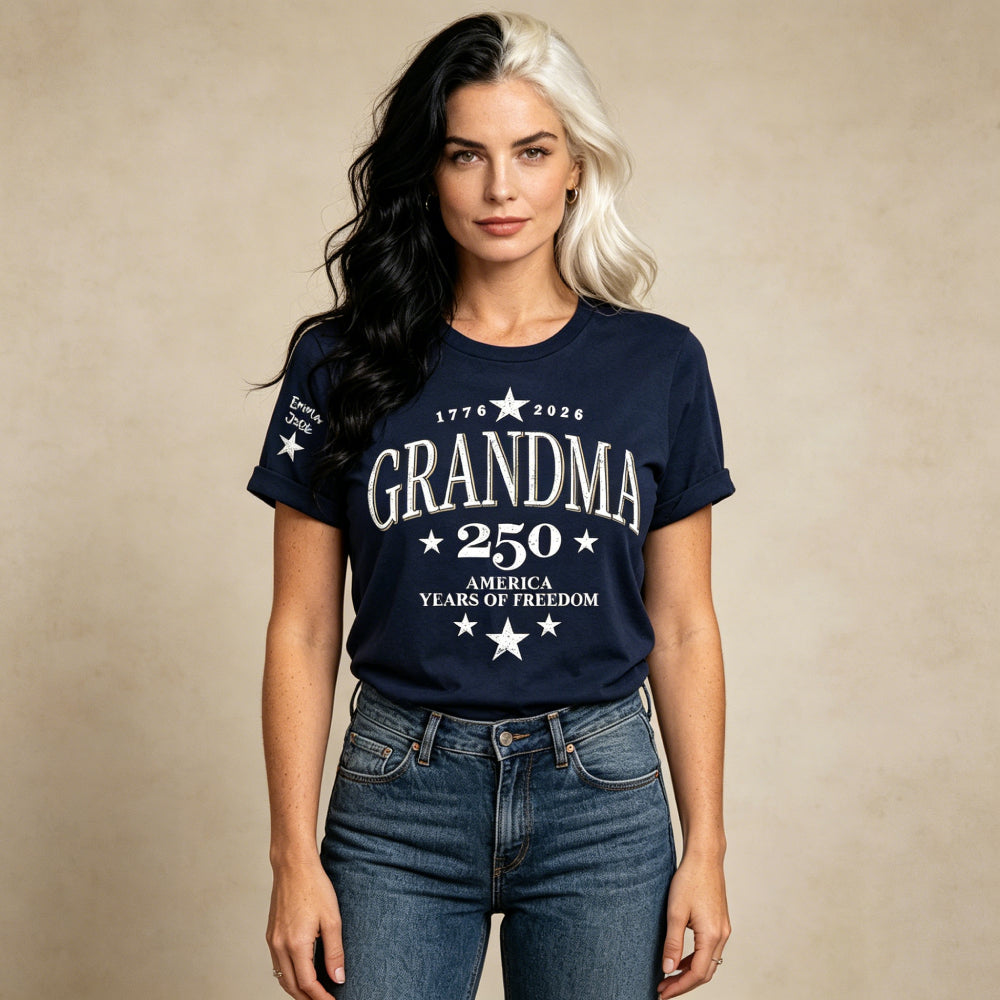 America 250th Birthday Grandma T-Shirt – 1776-2026 Patriotic Vintage Star Tee, Custom Grandkids Names On Sleeve 4th of July Gift