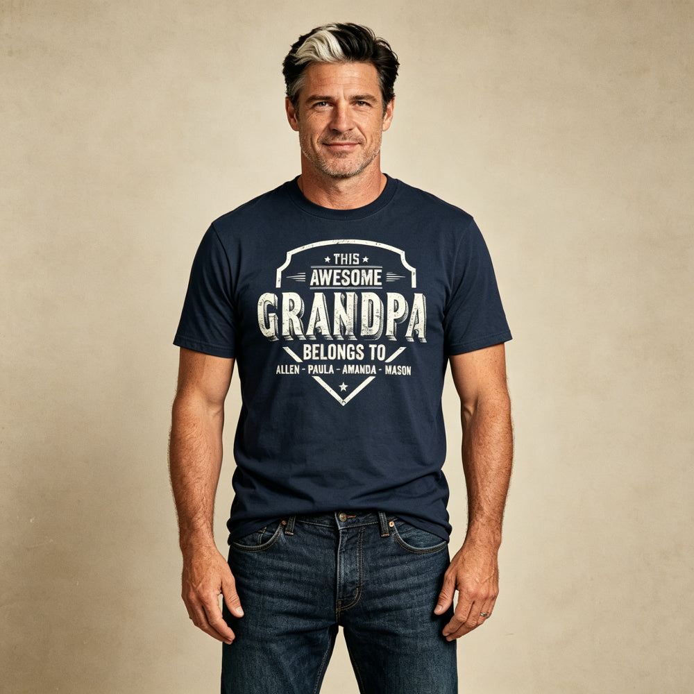 Personalized Vintage This Awesome Grandpa Belongs To T-Shirt – Custom Grandkids Names Retro Distressed Tee