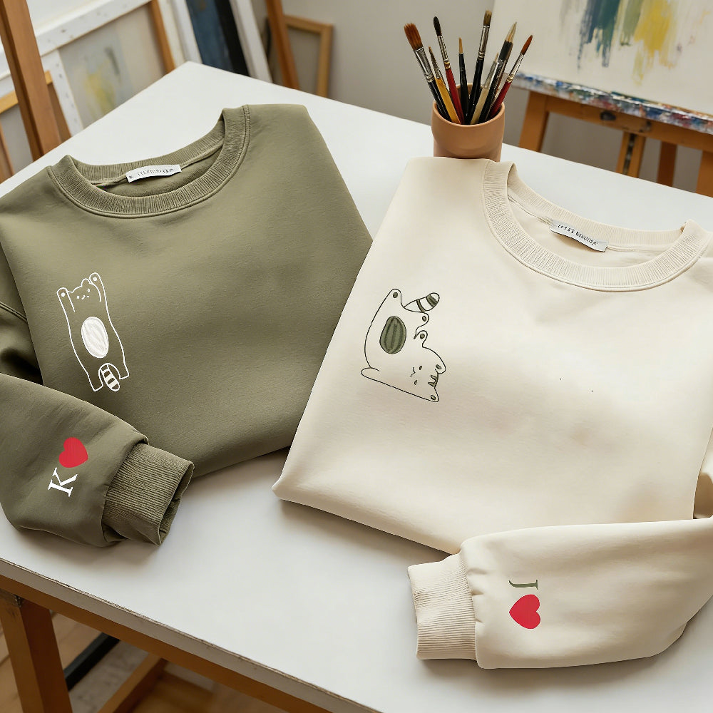 Custom Raccoon Design Matching Couple Sweatshirts - Personalized with Initials on Sleeve for Anniversary