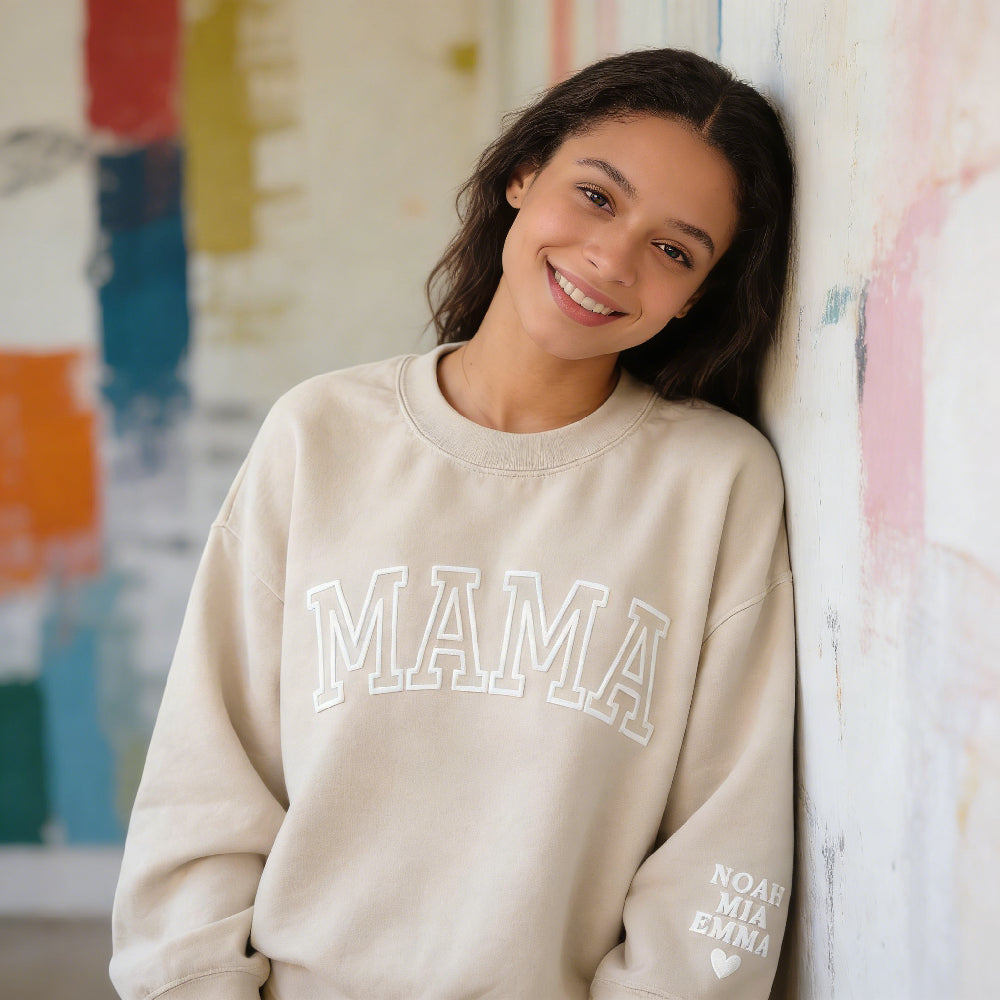 Custom MAMA Puff Sweatshirt with Kids Names on Sleeve - Personalized Mom Crewneck for Mother's Day