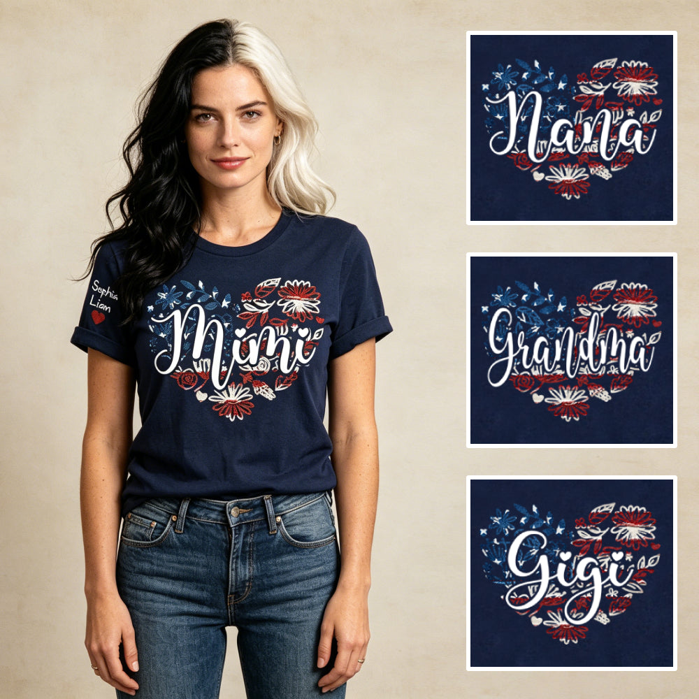 Custom Mimi Patriotic Floral Heart T-Shirt – Personalized 4th of July Tee with Grandkids Names, American Flag Design