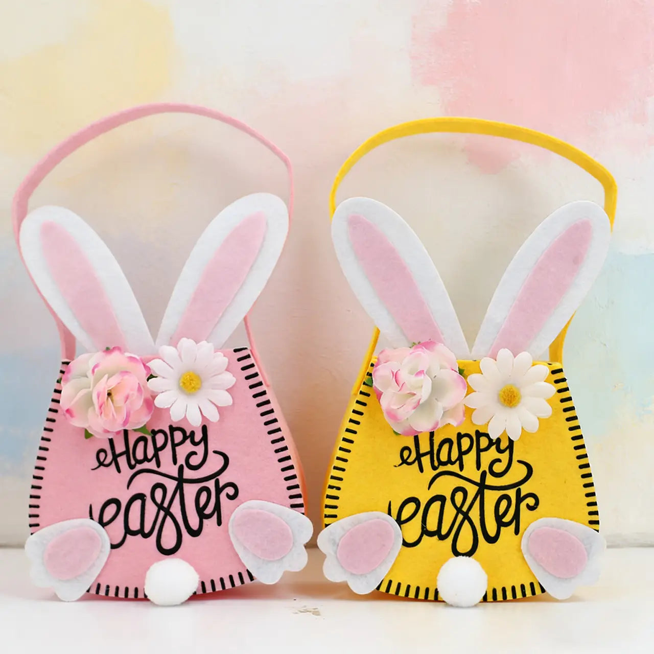 Happy Easter Bunny Felt Basket - Cute Rabbit Ears Design with Flowers for Egg Hunting