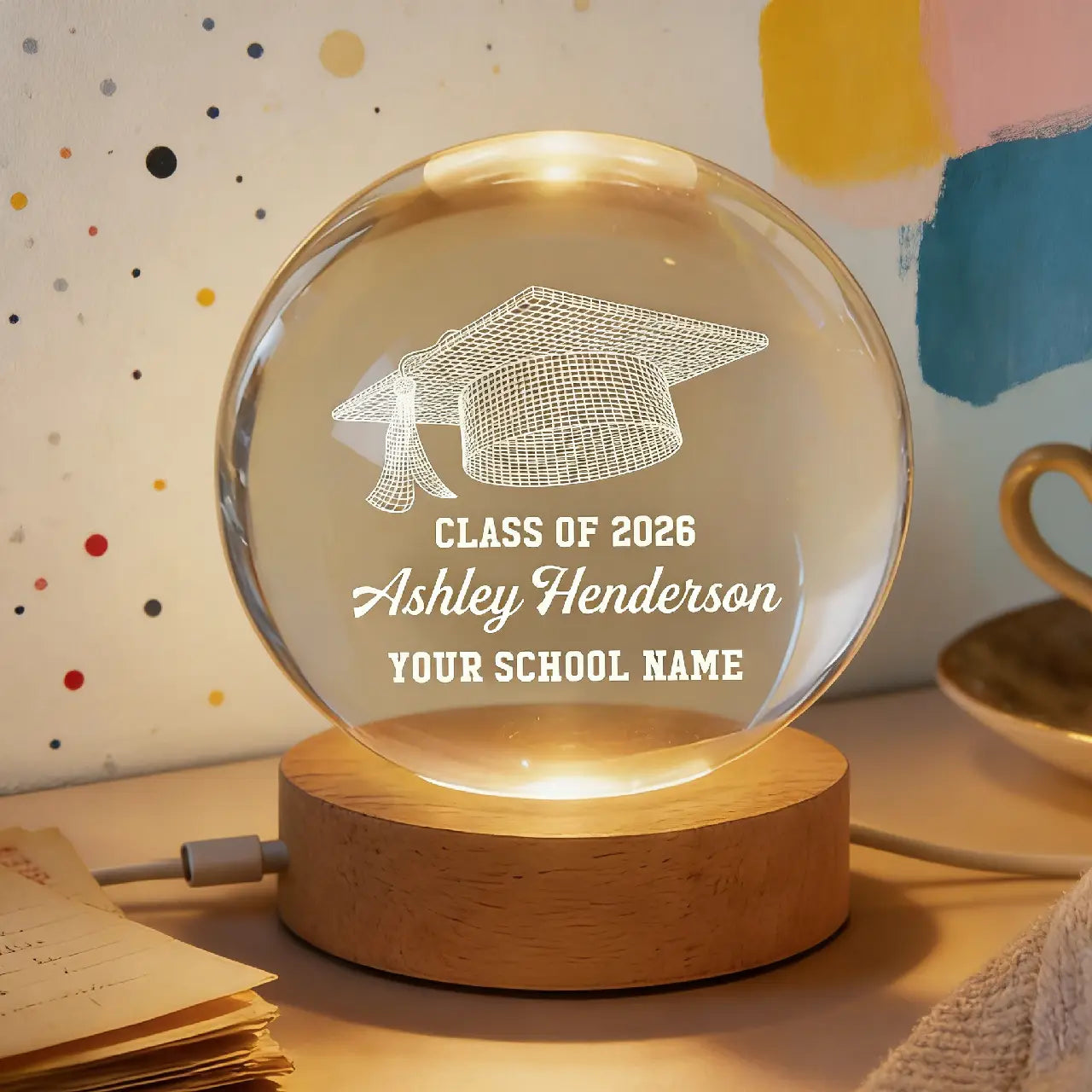Class Of Graduation Senior Illusion Graduation Cap - Personalized Crystal Ball LED Night Light - Gift For Graduation Day, Graduation Gift, Keepsake