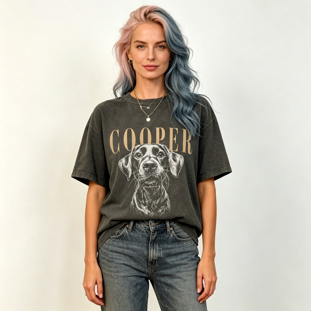Personalized Vintage Washed Dog Portrait T-Shirt – Custom Pet Photo & Name Comfort Colors Tee, Retro Oversized Pet Lover Gift