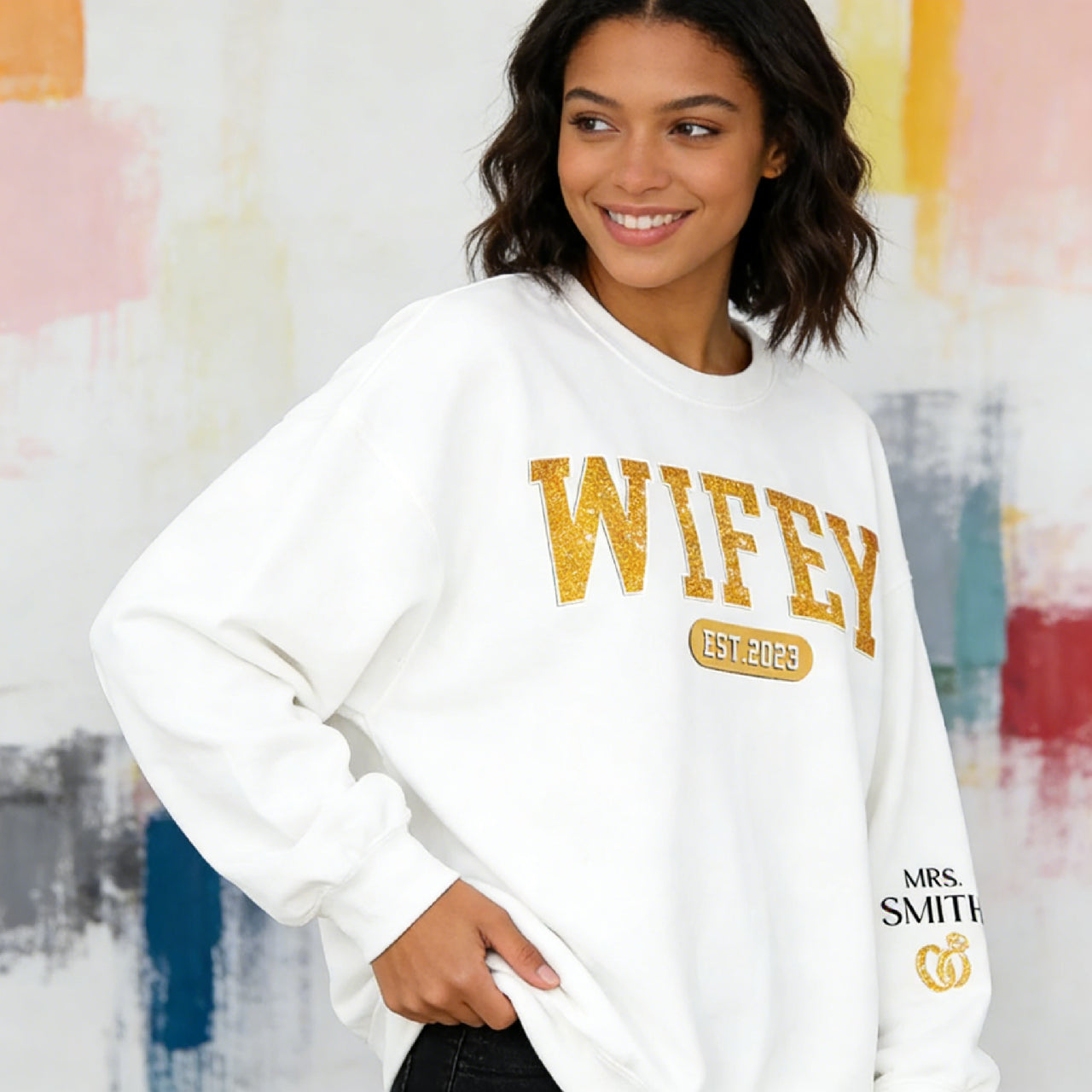 Personalized Wifey Varsity Glitter Sweatshirt with EST Year & Mrs. Name - Custom Gold Wedding Gift for Bride