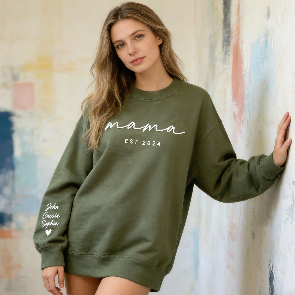 Custom Grandma/Mom EST Puff Sweatshirt with Kids Names on Sleeve - Personalized Gift for Grandma