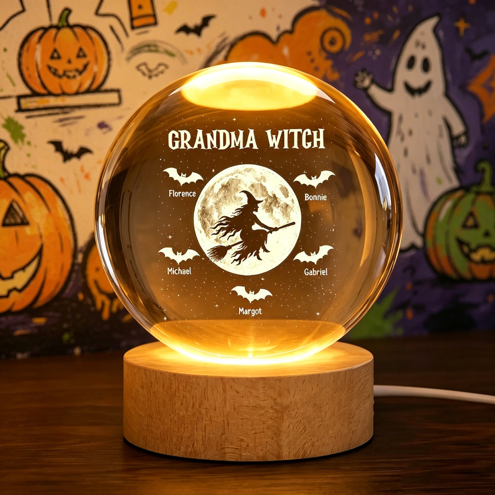 Grandma Witch Personalized Crystal Ball Night Light – Custom Kids‘ Names Halloween Gift, Spooky Keepsake for Grandma