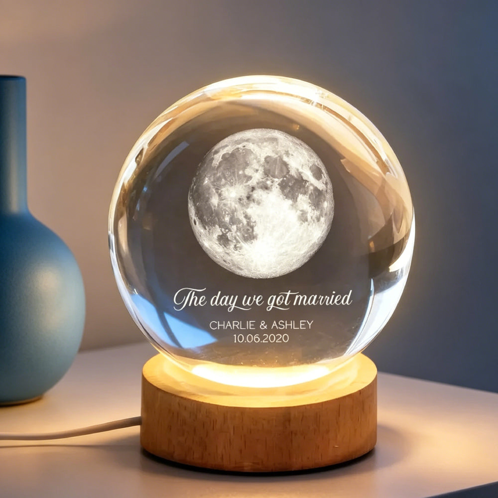 Custom The Day We Got Married Moon Crystal Ball LED Night Light – Personalized Couple Names & Wedding Date Lamp, Anniversary Gift