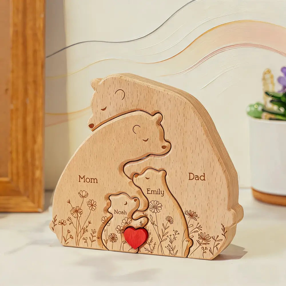 Hugging Bear Family Floral Version - Personalized Wooden Bear Family Puzzle, Gift For Mom