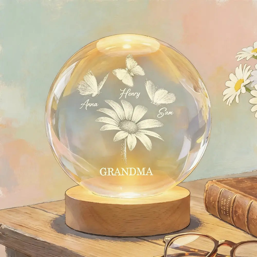 Daisy Flower Butterflies Grandma Grandkids - Personalized Crystal Ball LED Night Light - Mother's Day Gift For Grandma