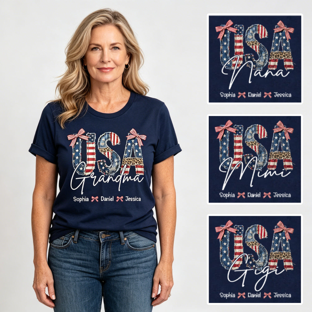 Personalized Vintage USA Patchwork Grandma T-Shirt – Custom Grandkids Names 4th of July Patriotic Tee, Grandma Gift