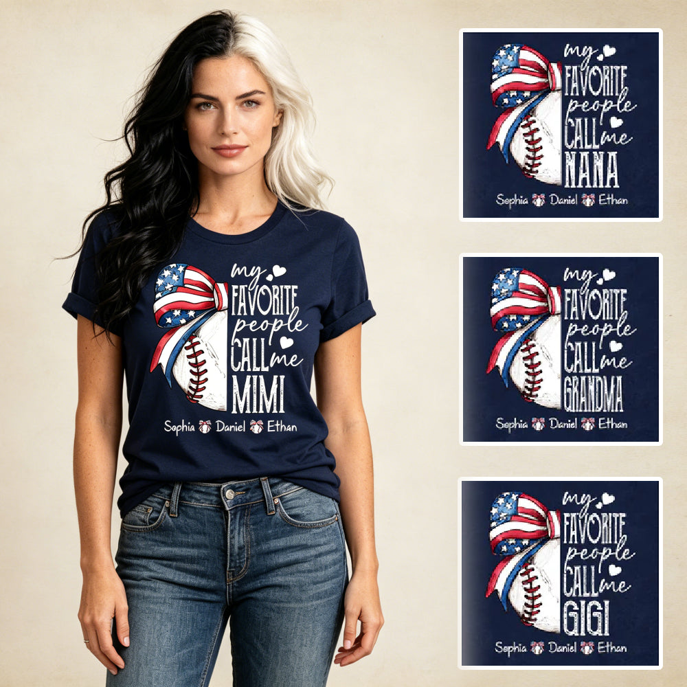 Personalized Patriotic Baseball Mimi T-Shirt – Custom Grandkids Names USA Bow Grandma Tee, Sports Lover Gift