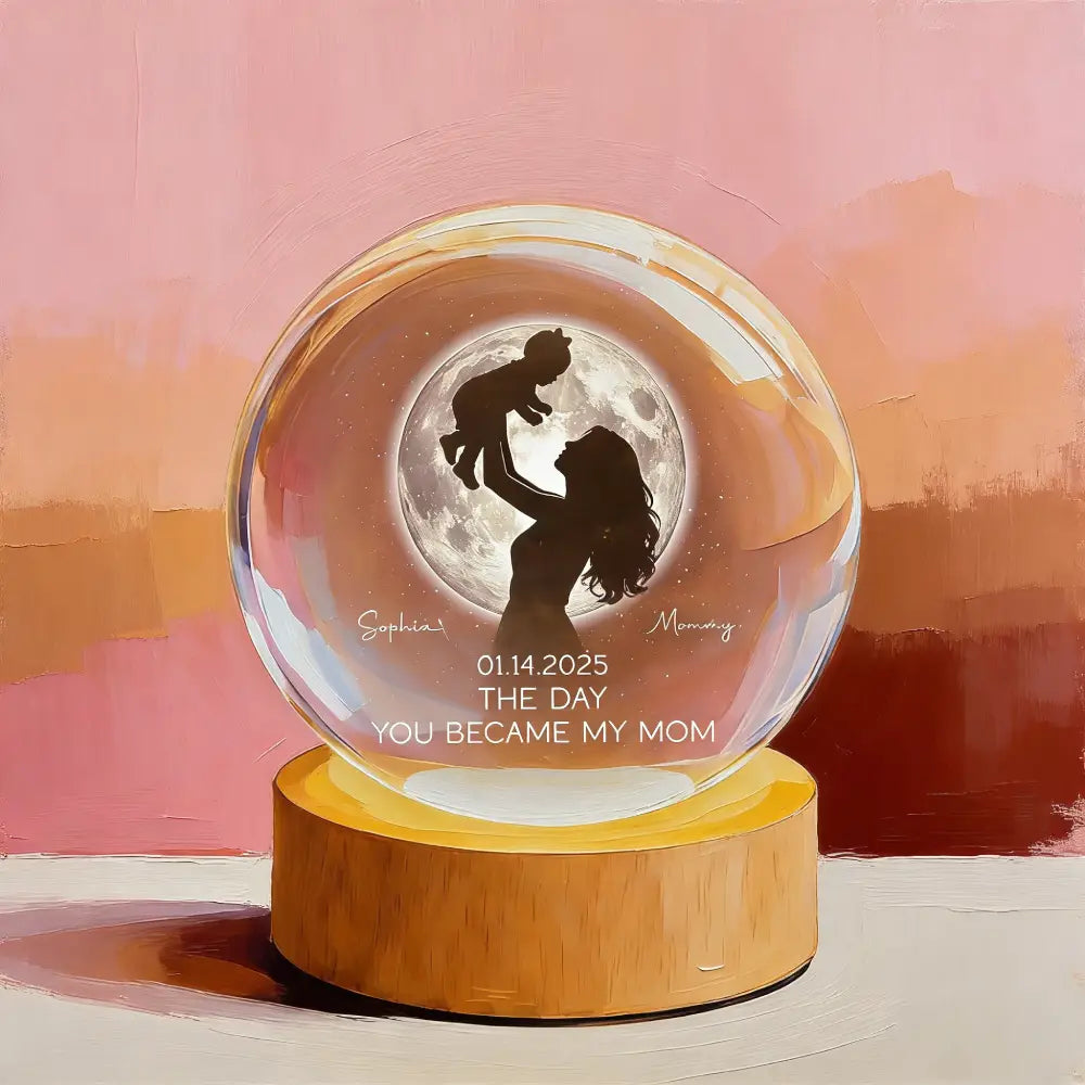Mom Hugging Kid, The Day You Became My Mom Custom Moon Phase by Date - Personalized Crystal Ball LED Night Light - Mother's Day Gift for Mom