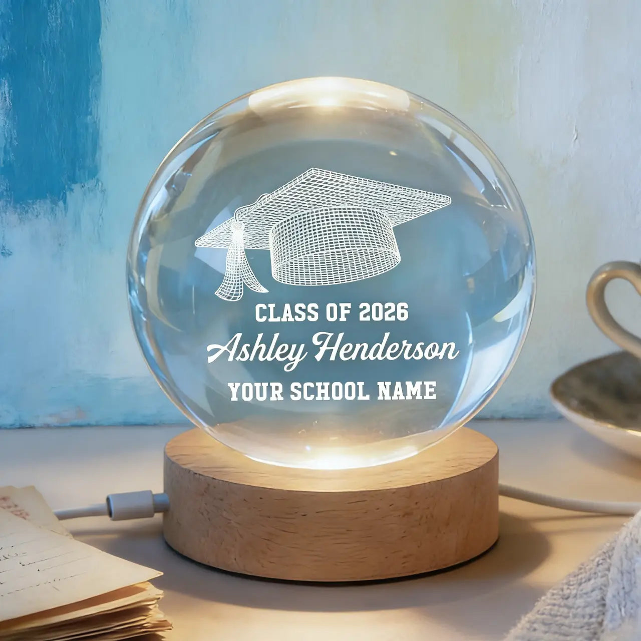 Class Of Graduation Senior Illusion Graduation Cap - Personalized Crystal Ball LED Night Light - Gift For Graduation Day, Graduation Gift, Keepsake