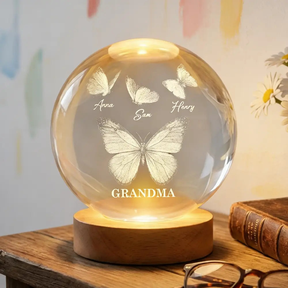 Beautiful Grandma Mom Butterflies Custom Kids Names - Personalized Crystal Ball LED Night Light - Gift For Grandma, Mom