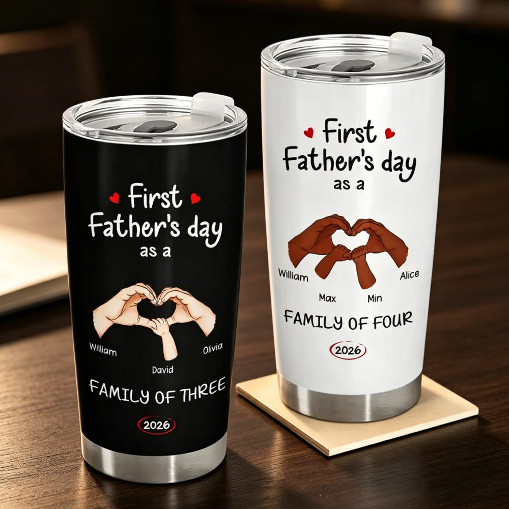 First Father’s Day As A Family Of Three/Four Personalized Tumbler – Custom Names & Year Insulated Stainless Steel Travel Mug, New Dad Gift