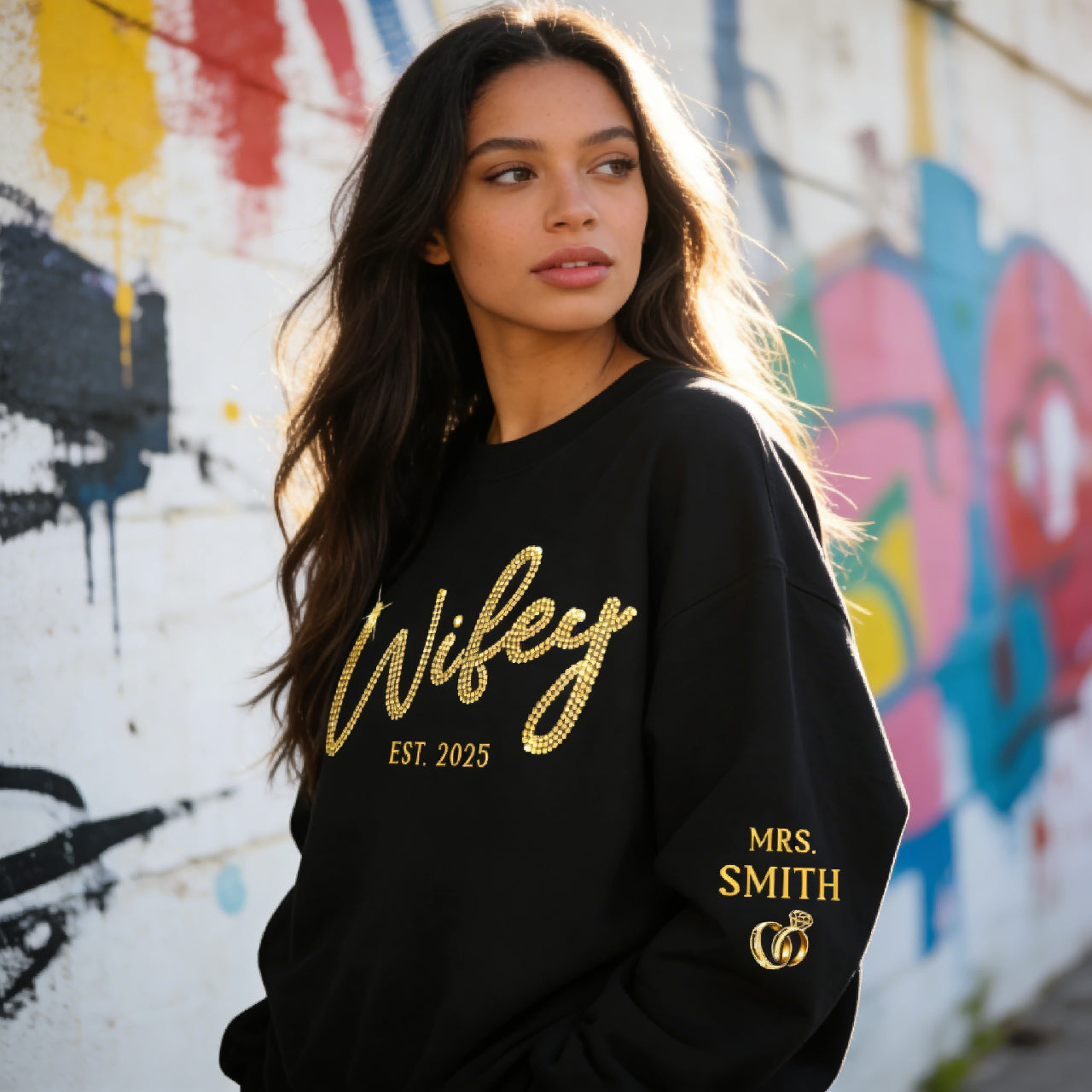 Personalized Wifey Rhinestone Sweatshirt with EST Year & Mrs. Name - Custom Gold Wedding Gift for Bride