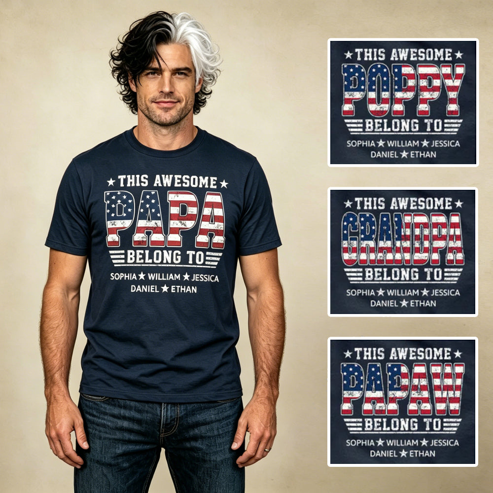 Personalized Patriotic Papa T-Shirt – Custom Grandkids Names Vintage USA Flag Grandpa Tee, Gift for Grandpa
