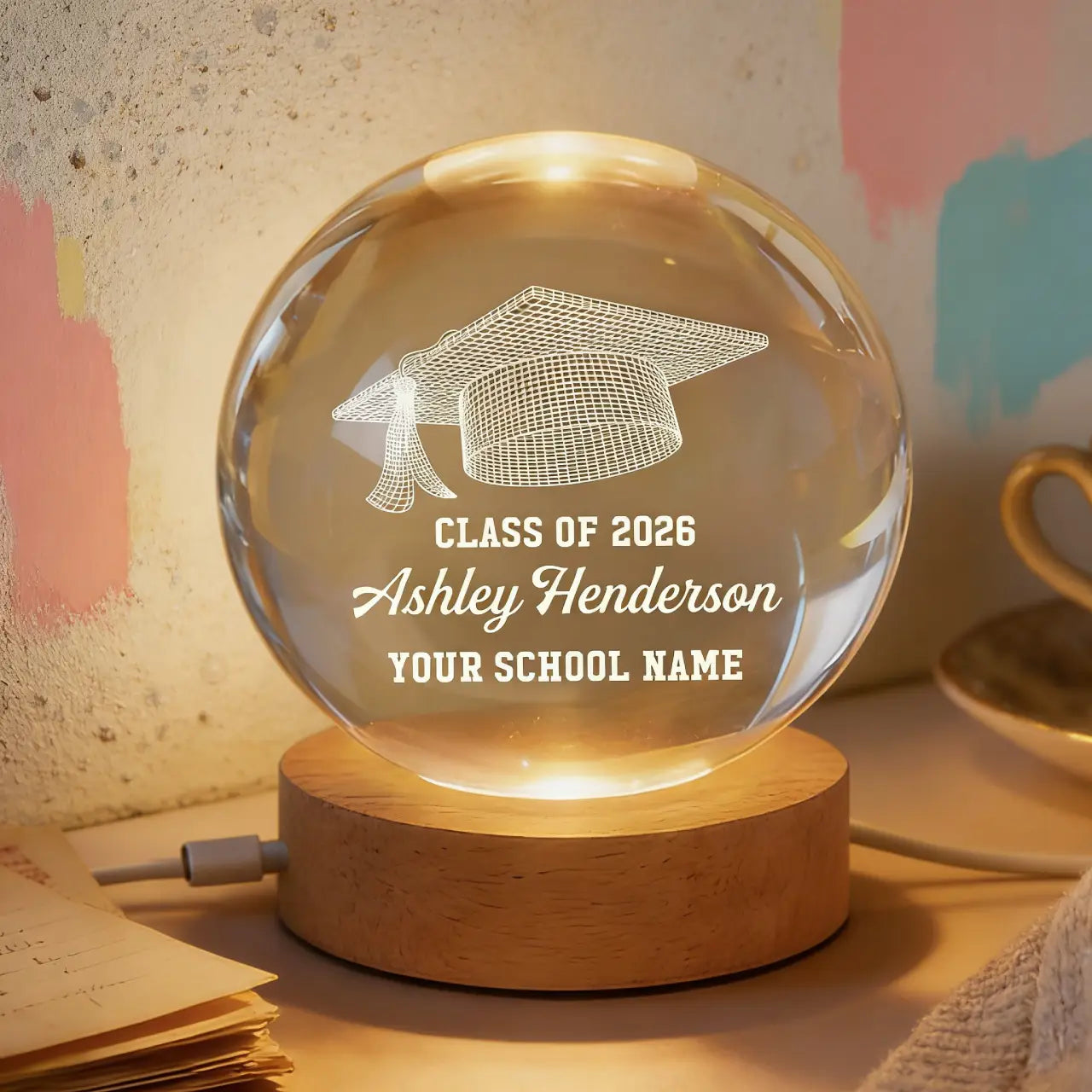 Class Of Graduation Senior Illusion Graduation Cap - Personalized Crystal Ball LED Night Light - Gift For Graduation Day, Graduation Gift, Keepsake